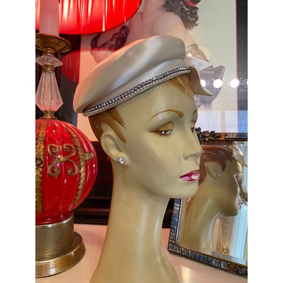 vintage 1950s ivory silk beret 50s hat wedding bridal mcm rhinestones pearls 60s main image 5